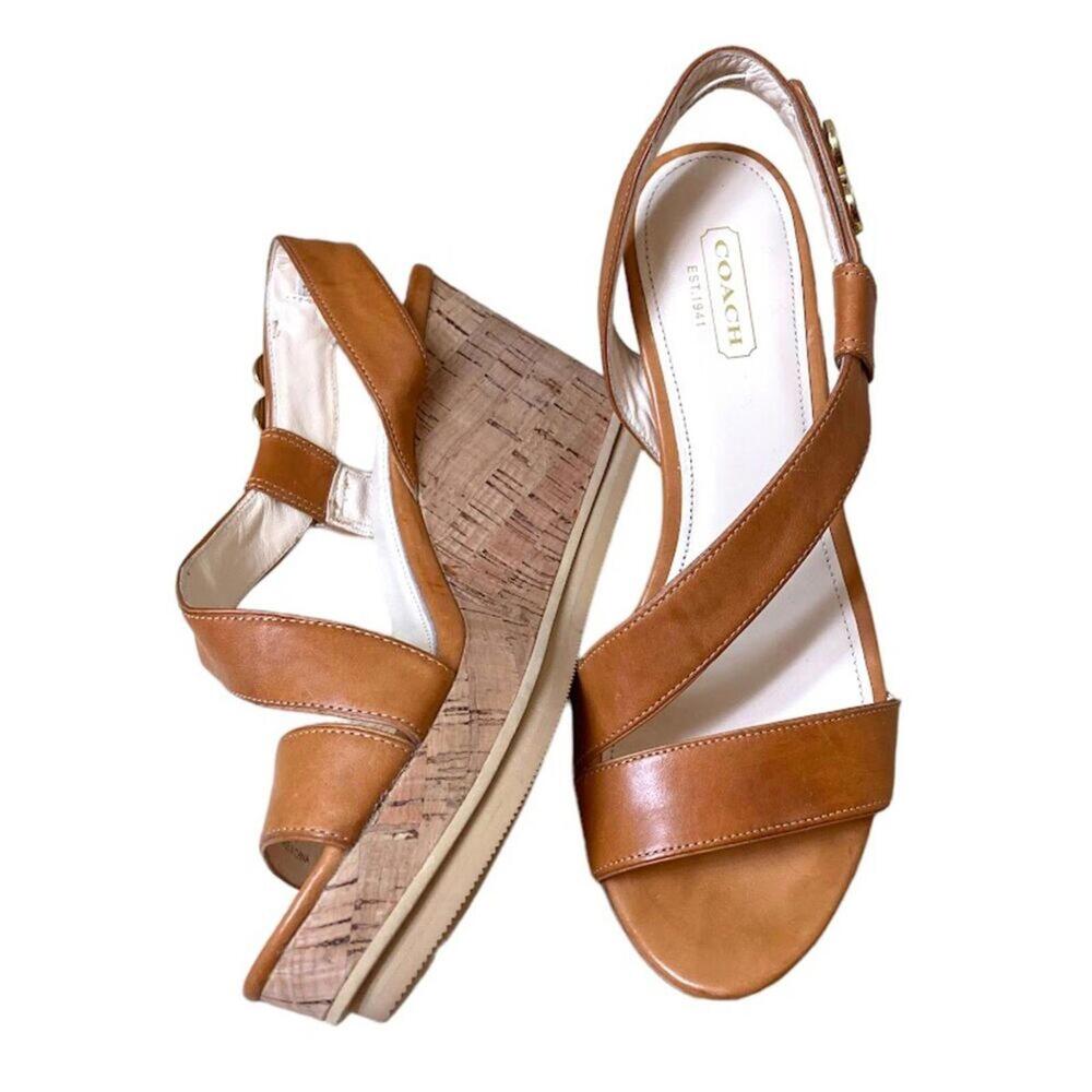 Coach Slingback Cork Wedge Sandals Shoes Leather Strappy Gold Hardware Size 7